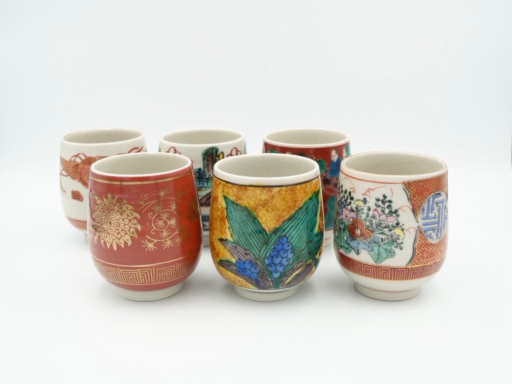 Kutani Gosai Yunomi Teacup Set of 6 with Presentation Box | Showa Era Japanese Ceramics
