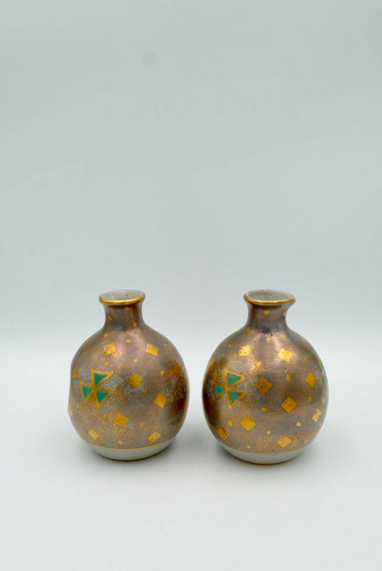 Antique Japanese Art Deco Sake Bottle Pair (Tokkuri) — Silver, Gold and Green Geometric, Taisho Era c.1912-1945