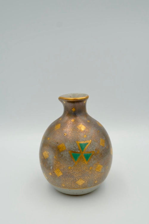 Antique Japanese Art Deco Sake Bottle Pair (Tokkuri) — Silver, Gold and Green Geometric, Taisho Era c.1912-1945