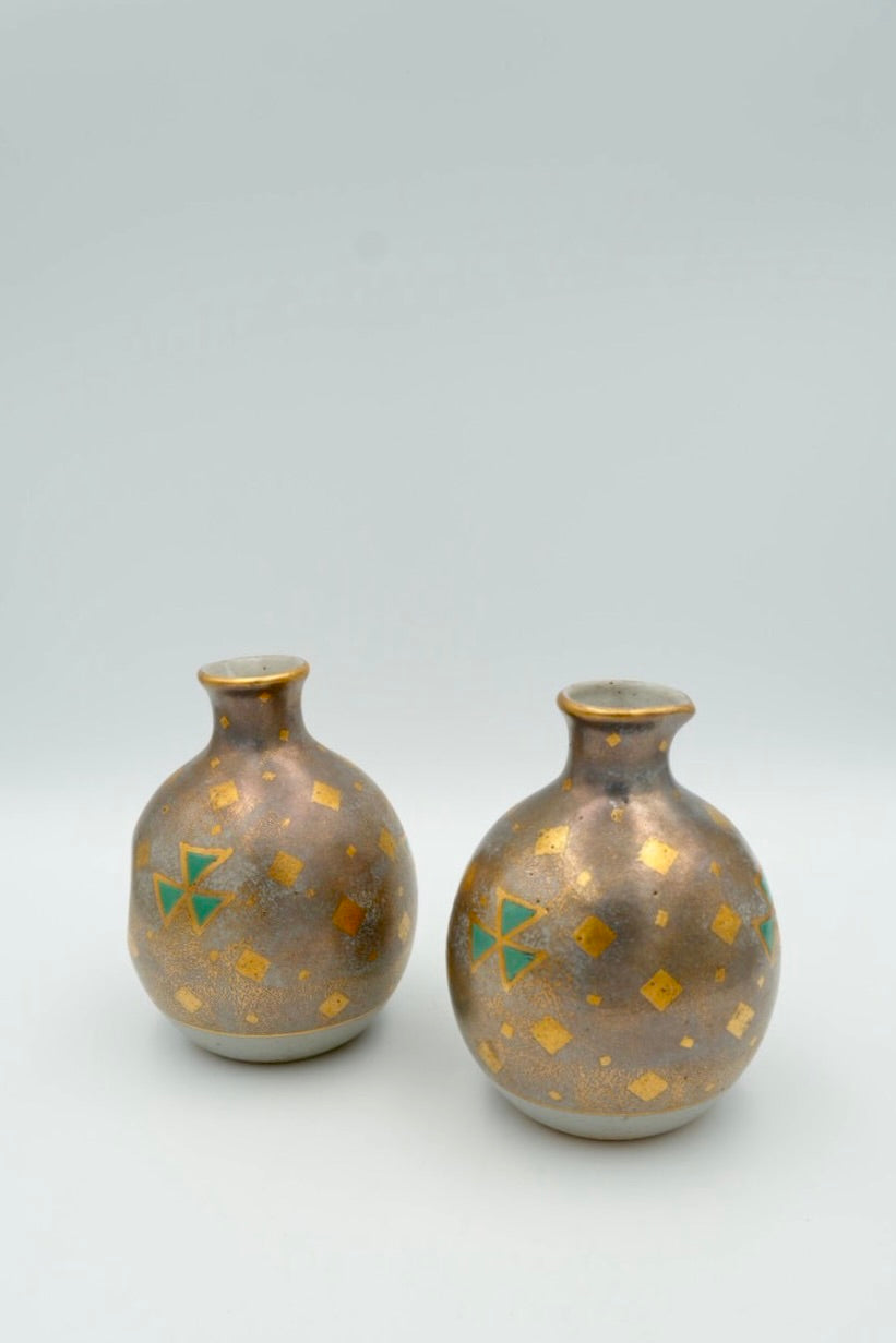 Antique Japanese Art Deco Sake Bottle Pair (Tokkuri) — Silver, Gold and Green Geometric, Taisho Era c.1912-1945