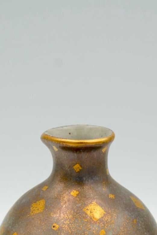 Antique Japanese Art Deco Sake Bottle Pair (Tokkuri) — Silver, Gold and Green Geometric, Taisho Era c.1912-1945