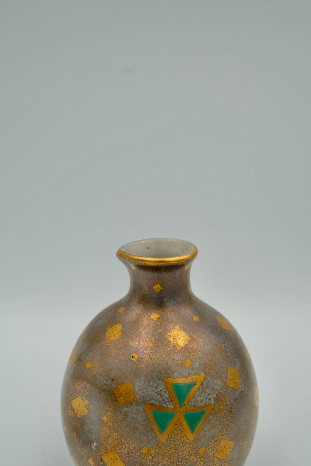 Antique Japanese Art Deco Sake Bottle Pair (Tokkuri) — Silver, Gold and Green Geometric, Taisho Era c.1912-1945