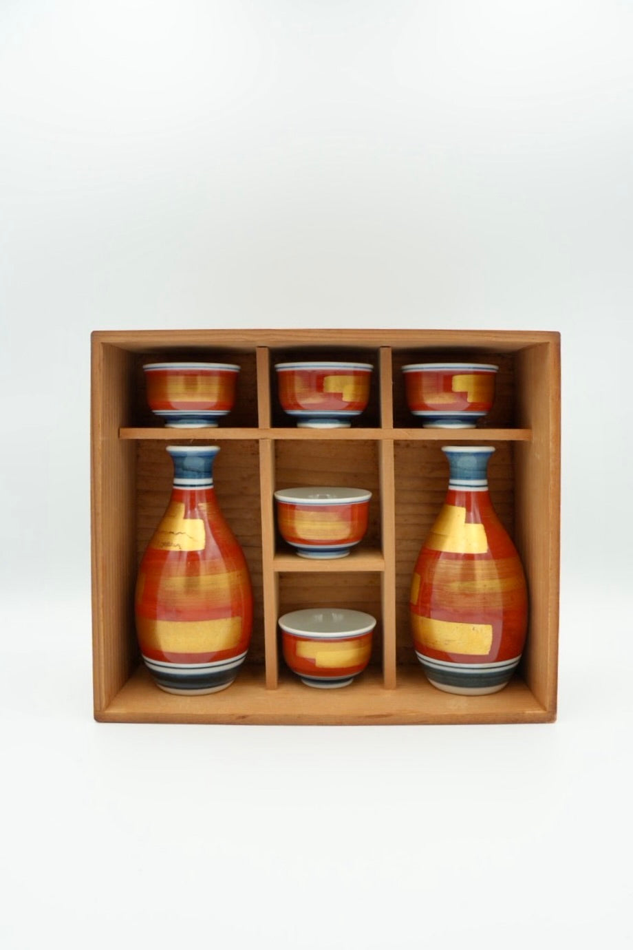 Kutani Seihaku Kiln Sake Set | 2 Tokkuri Flasks & 5 Guinomi Cups | Bold Color Band Design | Showa-Heisei Era | Wooden Box