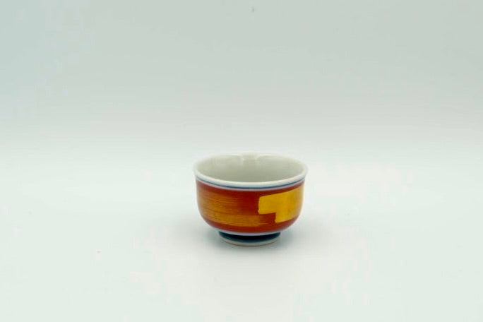 Kutani Seihaku Kiln Sake Set | 2 Tokkuri Flasks & 5 Guinomi Cups | Bold Color Band Design | Showa-Heisei Era | Wooden Box