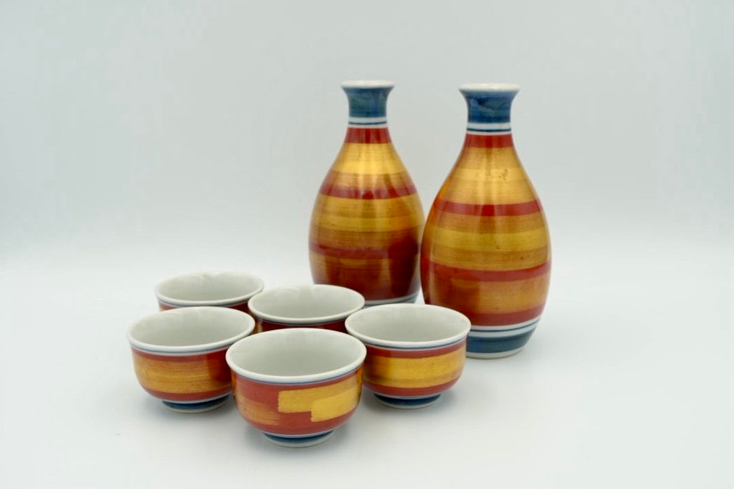 Kutani Seihaku Kiln Sake Set | 2 Tokkuri Flasks & 5 Guinomi Cups | Bold Color Band Design | Showa-Heisei Era | Wooden Box