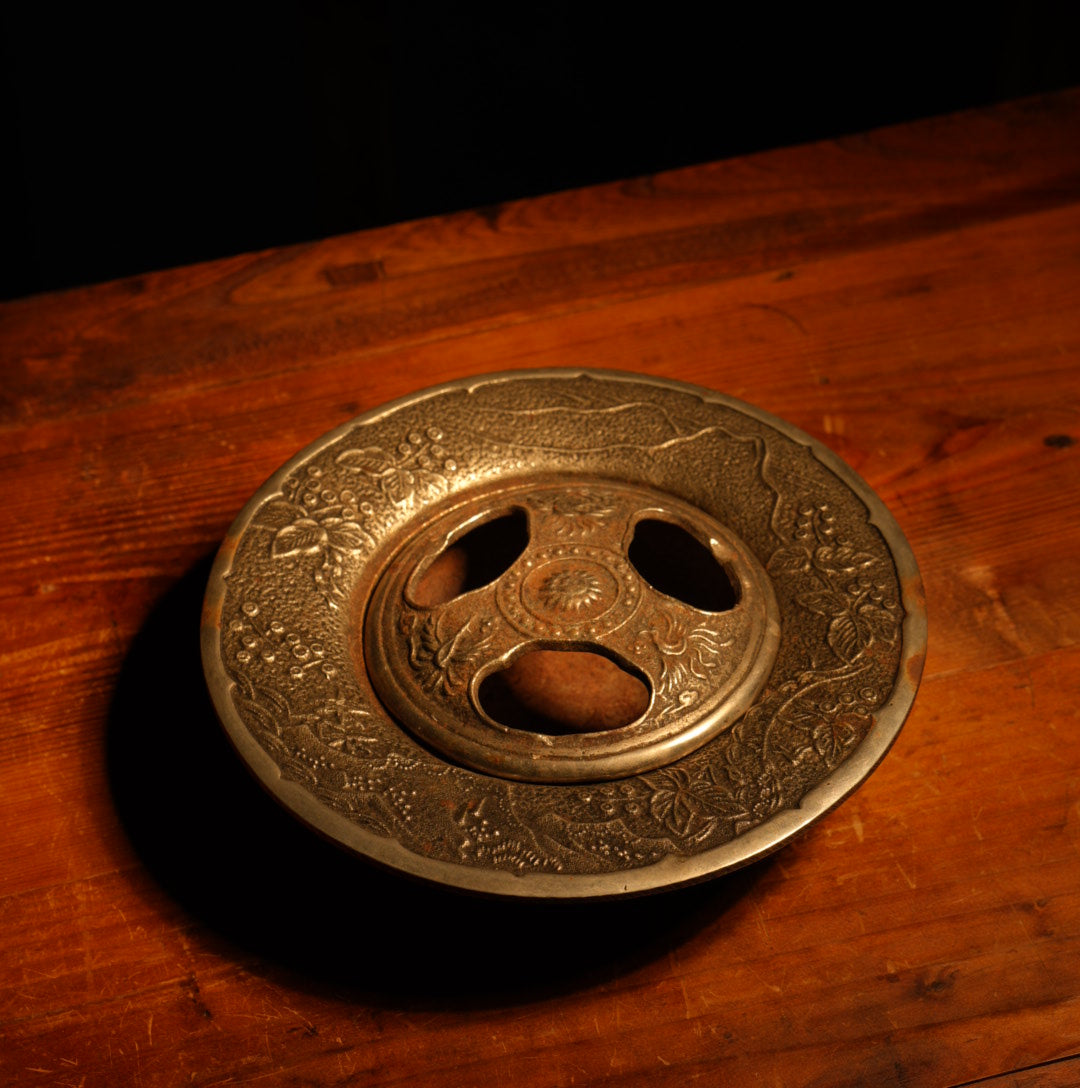 1971 Nanbu Cast Iron Covered Ashtray, Grape Arabesque Pattern, Japanese Metalwork
