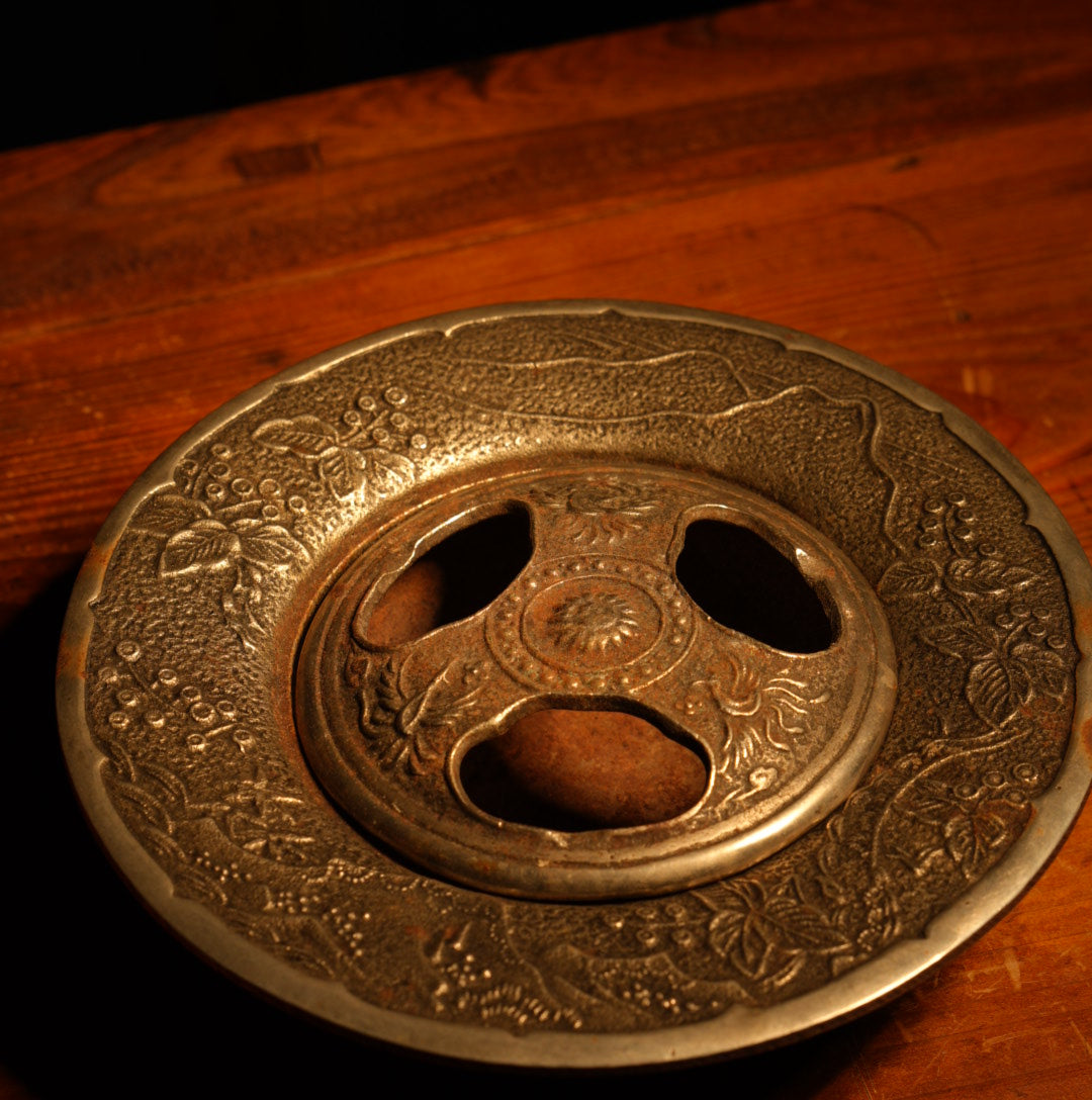 1971 Nanbu Cast Iron Covered Ashtray, Grape Arabesque Pattern, Japanese Metalwork