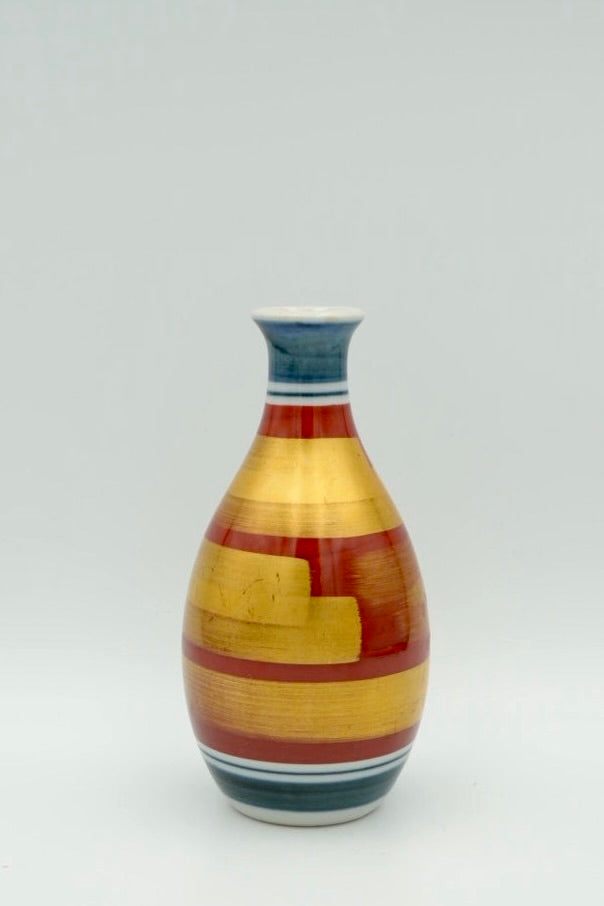 Kutani Seihaku Kiln Sake Set | 2 Tokkuri Flasks & 5 Guinomi Cups | Bold Color Band Design | Showa-Heisei Era | Wooden Box