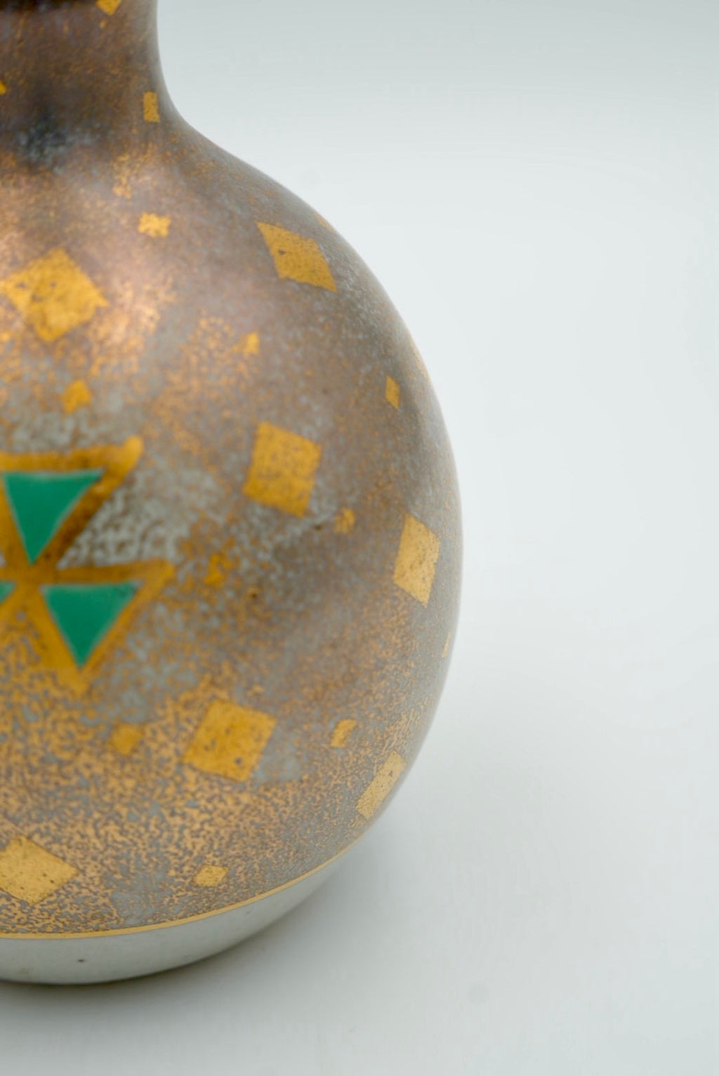 Antique Japanese Art Deco Sake Bottle Pair (Tokkuri) — Silver, Gold and Green Geometric, Taisho Era c.1912-1945